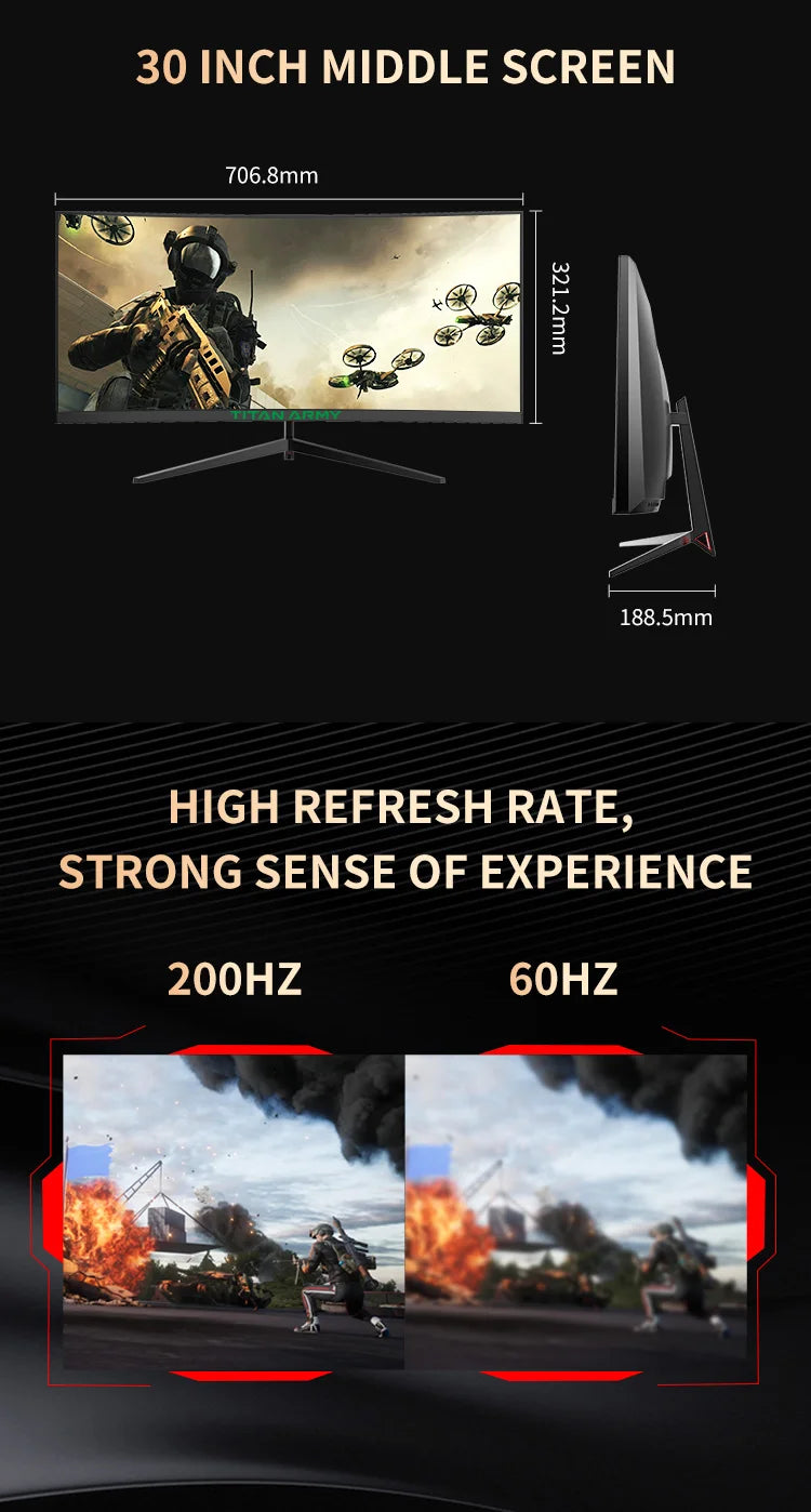 TITAN ARMY 30 inch 2K 200Hz Curved Gaming Monitor 21:9 2560x1080 Ultra Wide Ultra Slim screen FREESYNC VESA Metal Black