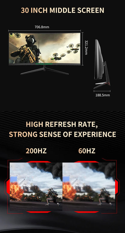 TITAN ARMY 30 inch 2K 200Hz Curved Gaming Monitor 21:9 2560x1080 Ultra Wide Ultra Slim screen FREESYNC VESA Metal Black
