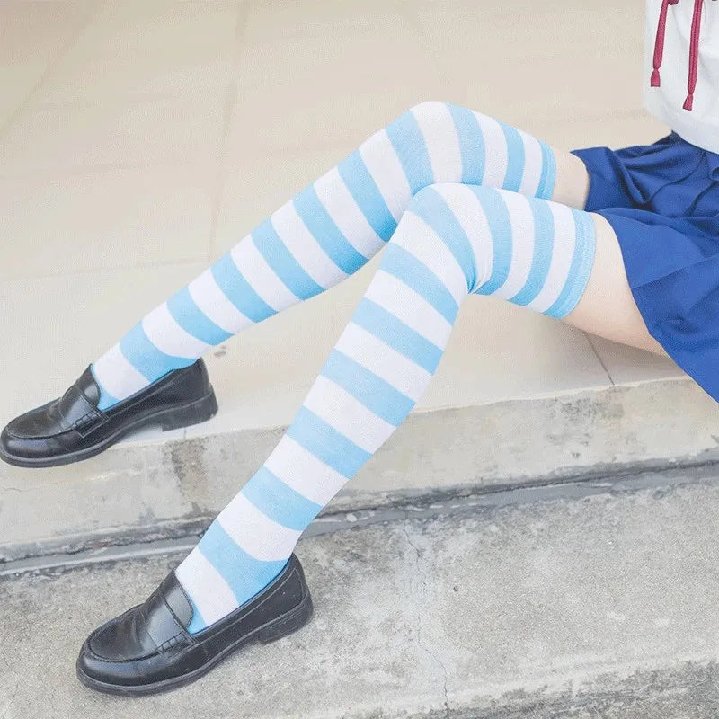 Cute Pink Blue Lolita Striped Stockings For Women Lovely School Girls Knee High Long Stockings Cosplay Anime Student Socks