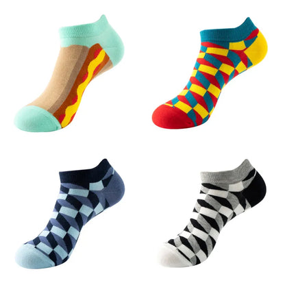 4 pairs Men's And Women's Latest Design Boat Socks Short Summer Socks Quality Business Geometric Lattice Colorful  Cotton Socks