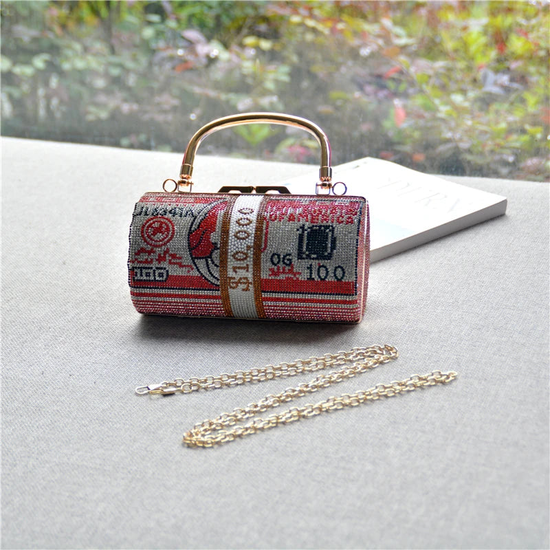 Luxury Money Clutch Rhinestone Purse 10000 Dollars Stack of Cash Evening Handbags Shoulder Wedding Dinner Bag 8 Color Wallet