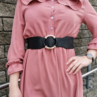 Women’s Elastic Stretch Wide Waist Belts w Wrapped Gold Circle Buckle