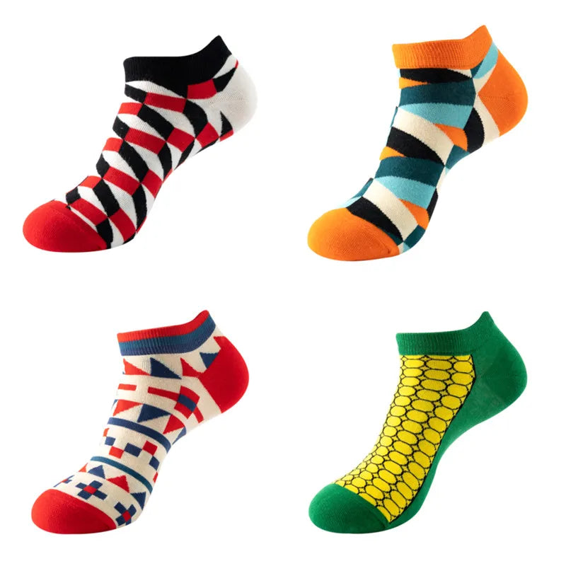 4 pairs Men's And Women's Latest Design Boat Socks Short Summer Socks Quality Business Geometric Lattice Colorful  Cotton Socks