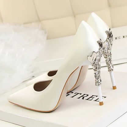 Metal Carved Thin Heel High Heels Pumps Women Shoes Sexy Pointed Toe Ladies Shoes Fashion Candy Colors Wedding Shoes WomanMetal