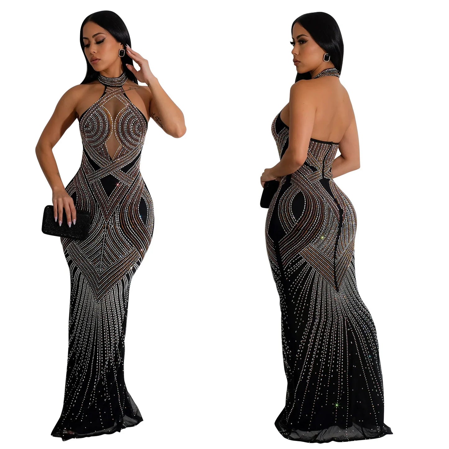 C6811 Luxury Mermaid Evening Dresses Women Solid Color Mesh Rhinestone Halter Backless Long Dress Women Party Dress