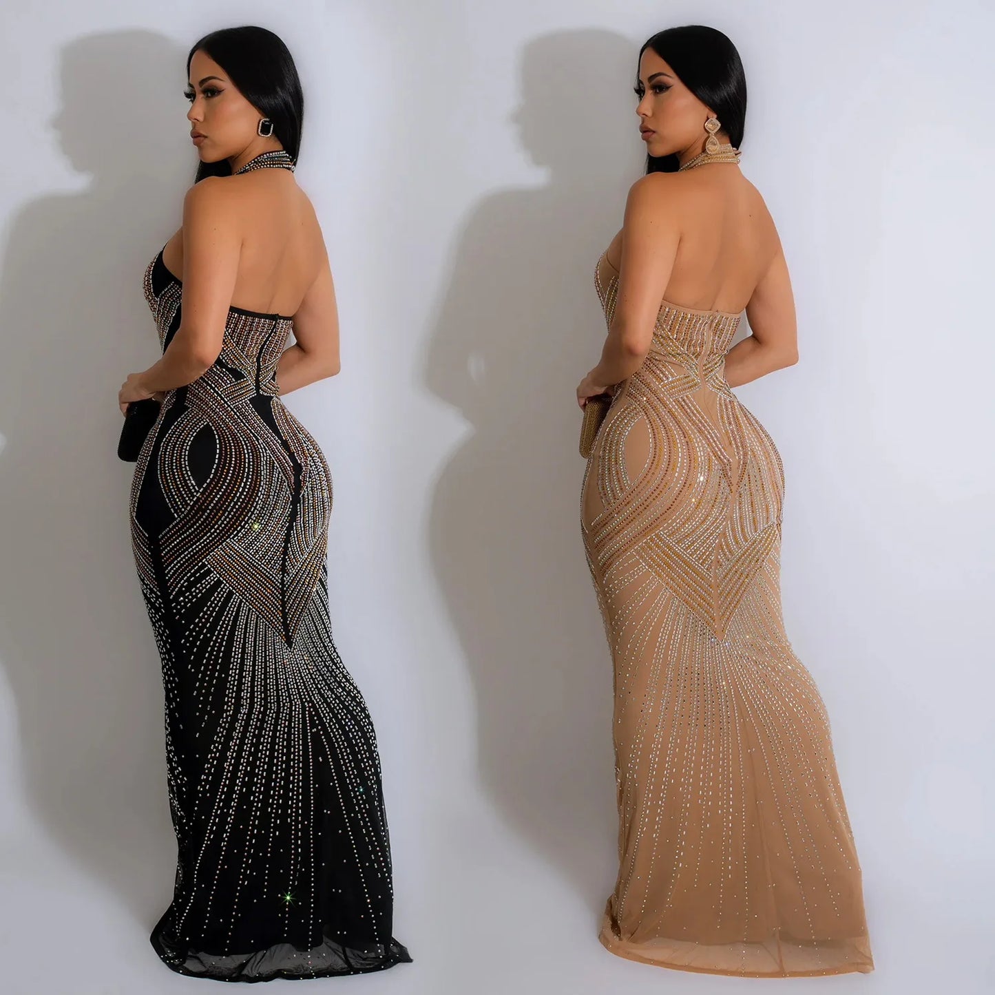 C6811 Luxury Mermaid Evening Dresses Women Solid Color Mesh Rhinestone Halter Backless Long Dress Women Party Dress