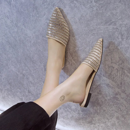 Brand New Design Shiny Diamond Women's Flat Shoes Open Heel Simple Mueller Shoes Casual Lazy Ladies Shoes