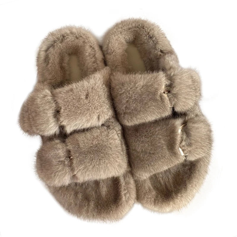 Wholesale Fashion Custom Winter Warm Luxury Fur Slippers Real Mink Fur Slides for Women Ladies Shoes