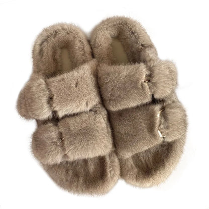 Wholesale Fashion Custom Winter Warm Luxury Fur Slippers Real Mink Fur Slides for Women Ladies Shoes
