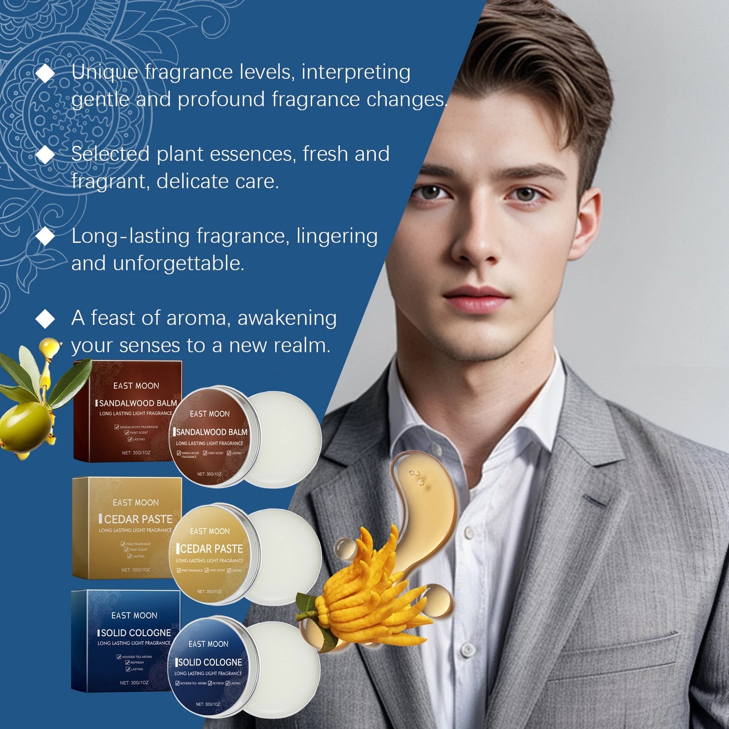 East Moon Solid Balm (Men's Cologne) Men's Charm Solid Balm Fresh and Natural Portable Long-lasting Fragrance Balm