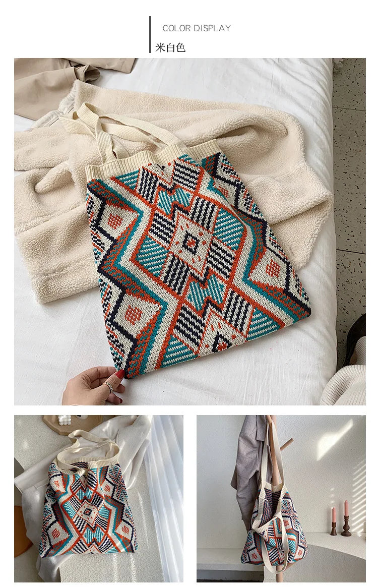 Lady Knitting Gypsy Bohemian Boho Chic Aztec Tote Bag Women Crochet Woolen Open Shopper Top-handle Bag 2022 Female Daily Handbag