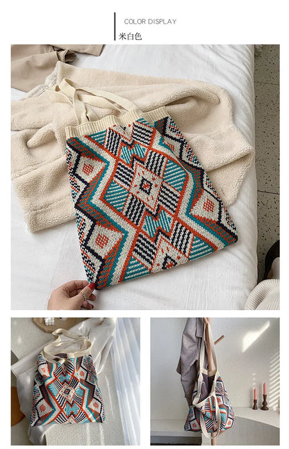 Lady Knitting Gypsy Bohemian Boho Chic Aztec Tote Bag Women Crochet Woolen Open Shopper Top-handle Bag 2022 Female Daily Handbag