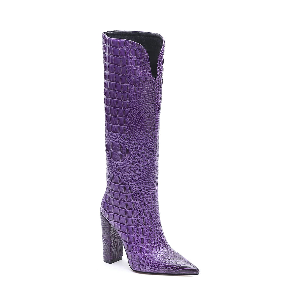 Custom Elegant Women's Knee High Heels Boots Hot Selling Pointed Toe Ladies Shoes with Chunky Heel for Winter