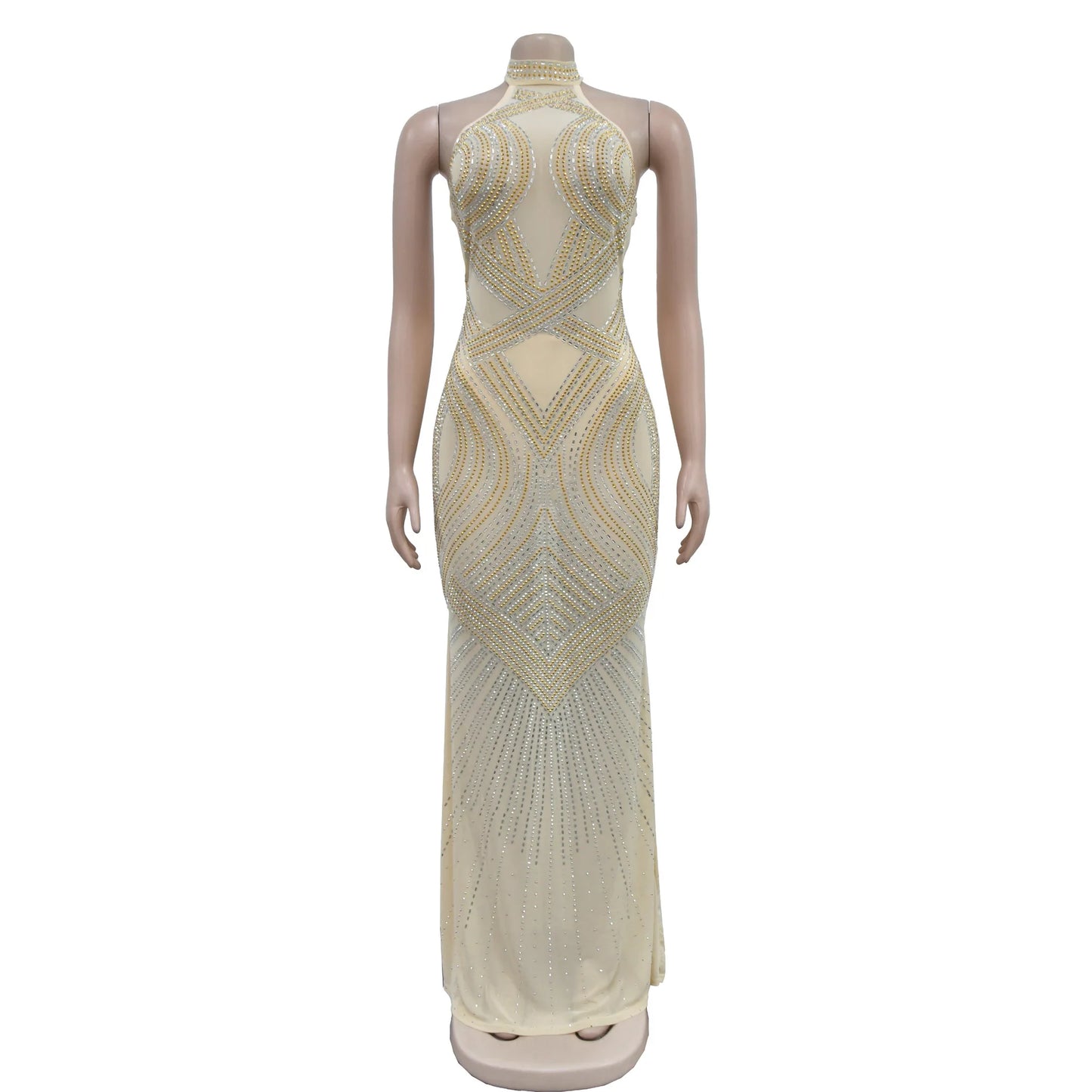 C6811 Luxury Mermaid Evening Dresses Women Solid Color Mesh Rhinestone Halter Backless Long Dress Women Party Dress