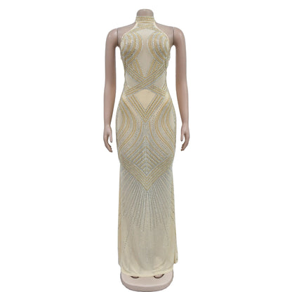 C6811 Luxury Mermaid Evening Dresses Women Solid Color Mesh Rhinestone Halter Backless Long Dress Women Party Dress