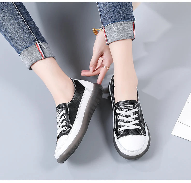 Women's Genuine Leather Sneakers Women Casual Fashionable Sports Shoes Vulcanized Woman Summer Flat Shoe Ladies White 40