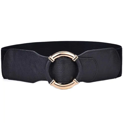 Women’s Elastic Stretch Wide Waist Belts w Wrapped Gold Circle Buckle