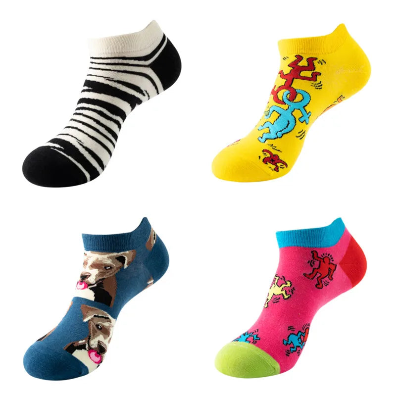 4pairs Funny animal Combed Cotton Fashion Hip Hop Man woman Oil Painting Socks Harajuku Skateboard outer space Happy love Socks