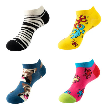 4pairs Funny animal Combed Cotton Fashion Hip Hop Man woman Oil Painting Socks Harajuku Skateboard outer space Happy love Socks