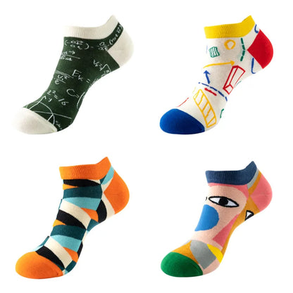 4 pairs Men's And Women's Latest Design Boat Socks Short Summer Socks Quality Business Geometric Lattice Colorful  Cotton Socks