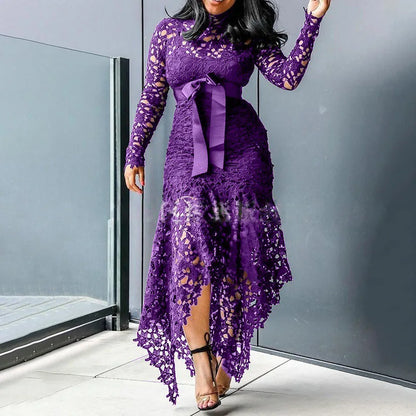 Top Seller Hollow Mesh Sexy Lace Long Sleeve Maxi Dresses Women Plus Size Dress Ladies Lace Decorated 2 Pieces Dress Big Sizes