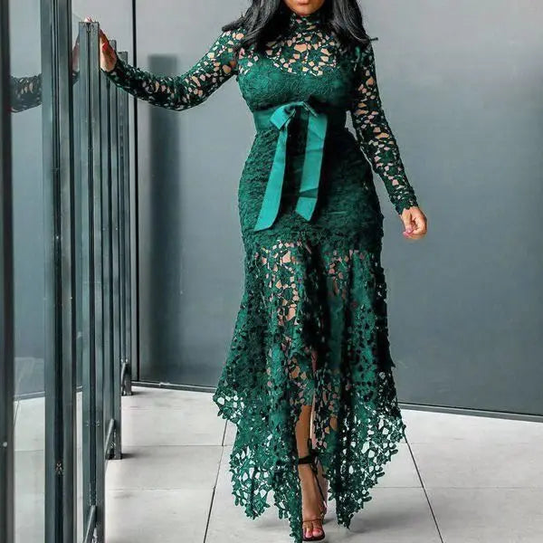 Top Seller Hollow Mesh Sexy Lace Long Sleeve Maxi Dresses Women Plus Size Dress Ladies Lace Decorated 2 Pieces Dress Big Sizes