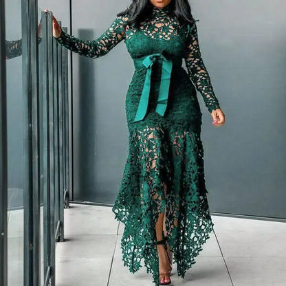Top Seller Hollow Mesh Sexy Lace Long Sleeve Maxi Dresses Women Plus Size Dress Ladies Lace Decorated 2 Pieces Dress Big Sizes