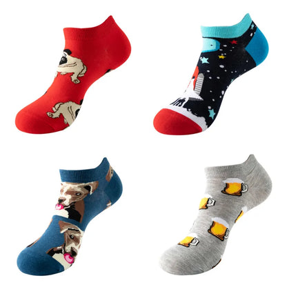 4pairs Funny animal Combed Cotton Fashion Hip Hop Man woman Oil Painting Socks Harajuku Skateboard outer space Happy love Socks