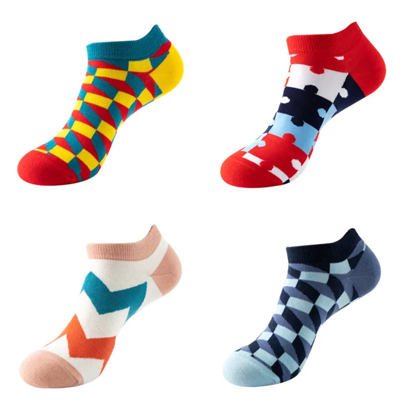 4 pairs Men's And Women's Latest Design Boat Socks Short Summer Socks Quality Business Geometric Lattice Colorful  Cotton Socks