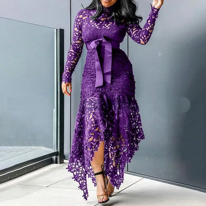 Top Seller Hollow Mesh Sexy Lace Long Sleeve Maxi Dresses Women Plus Size Dress Ladies Lace Decorated 2 Pieces Dress Big Sizes