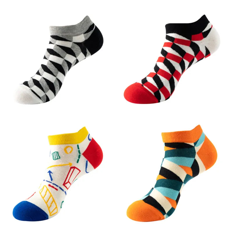 4 pairs Men's And Women's Latest Design Boat Socks Short Summer Socks Quality Business Geometric Lattice Colorful  Cotton Socks
