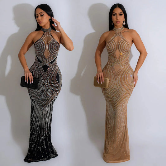 C6811 Luxury Mermaid Evening Dresses Women Solid Color Mesh Rhinestone Halter Backless Long Dress Women Party Dress