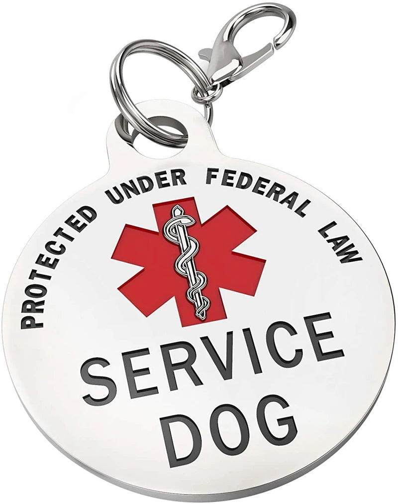 Service Dog Tag Federal Protection w/ Red Medical Alert Symbol Pet ID Tags Easily Attach to Collar Harness Vest Dog Service Tag
