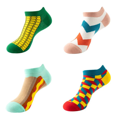 4 pairs Men's And Women's Latest Design Boat Socks Short Summer Socks Quality Business Geometric Lattice Colorful  Cotton Socks