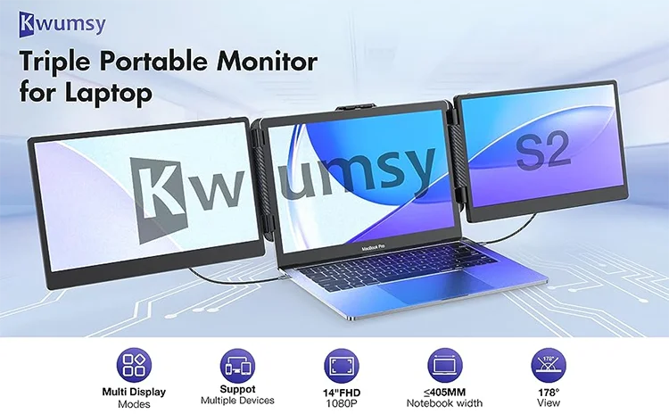 S2 Laptop Screen Extender FHD 1080P IPS Ultra Slim 180°Rotating Triple Portable Monitor with Dual Speaker Fit for Laptops
