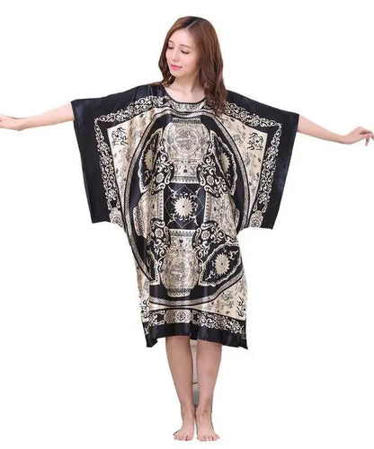 Lady Classic Bat Sleeve Kimono Bathrobe Gown Print Floral Sleepwear Nightgown Lougne Nightdress Negligee Soft Intimate Lingerie