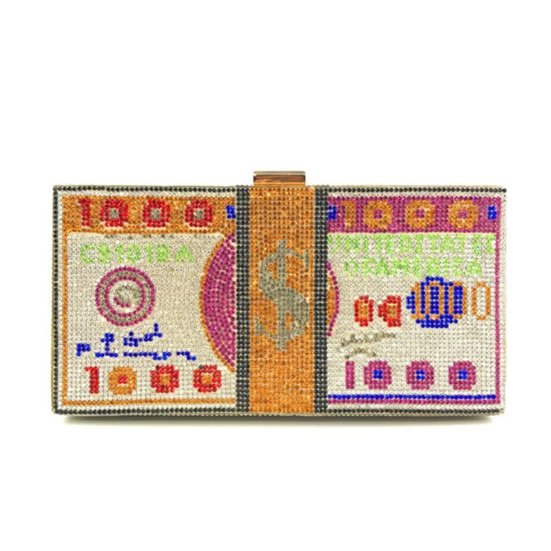 Luxury Money Clutch Rhinestone Purse 10000 Dollars Stack of Cash Evening Handbags Shoulder Wedding Dinner Bag 8 Color Wallet