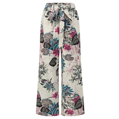 Women Long Pants 2024 Spring Fashion High Waist Drawstring Straight Loose Pants Vintage Printed Casual Ladies Wide-Leg Pant