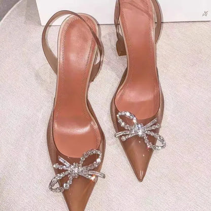 35-45 Fashion Transparent Soft PVC Women Pumps Luxury Rhinestones Bowknot Slingback High heels Spring Summer Wedding Party Shoes