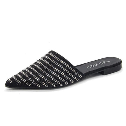 Brand New Design Shiny Diamond Women's Flat Shoes Open Heel Simple Mueller Shoes Casual Lazy Ladies Shoes