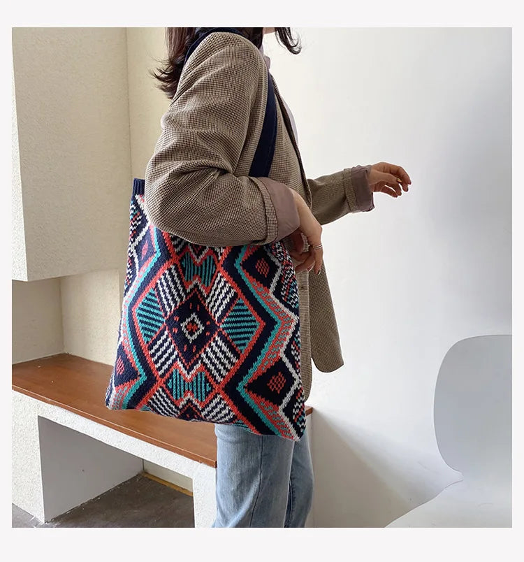 Lady Knitting Gypsy Bohemian Boho Chic Aztec Tote Bag Women Crochet Woolen Open Shopper Top-handle Bag 2022 Female Daily Handbag