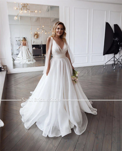 Customized Classic Deep V-neck Organza and Tulle Plus Size Wedding Dress Sexy Backless Court Bridal Gowns