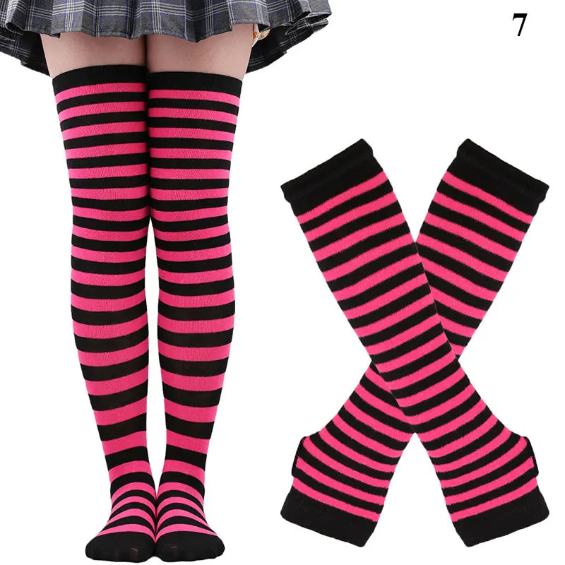 2Pair/Set Women Gothic Punk Over Knee Long Stripe Socks Girl Arm Sleeve Gloves Thigh High Cotton Socks Sweet Cute Christmas Gift