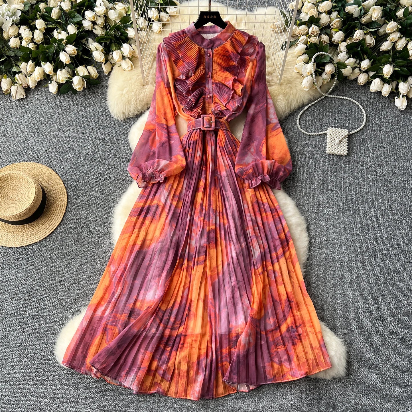 LE2639 Oil Print Midi Dress Lady French Vintage Elegant Dress Women'S Plicated Splicing Long Sleeve Waist Print Chiffon Dresses