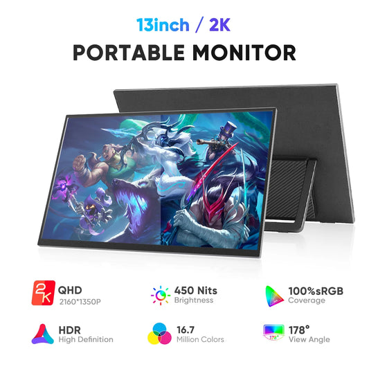13.0" Portable Monitor 2K IPS Display Laptop Screen Extender Dual Laptop Monitor Screen for Laptops