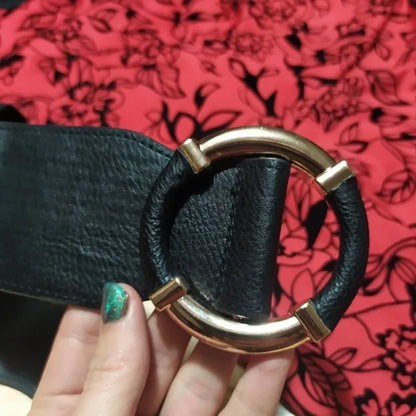 Women’s Elastic Stretch Wide Waist Belts w Wrapped Gold Circle Buckle