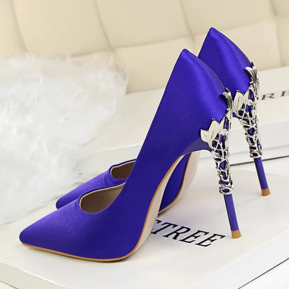 Metal Carved Thin Heel High Heels Pumps Women Shoes Sexy Pointed Toe Ladies Shoes Fashion Candy Colors Wedding Shoes WomanMetal