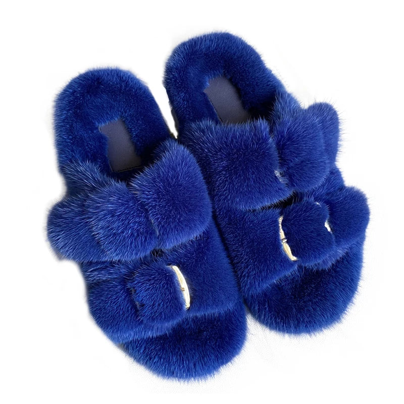 Wholesale Fashion Custom Winter Warm Luxury Fur Slippers Real Mink Fur Slides for Women Ladies Shoes