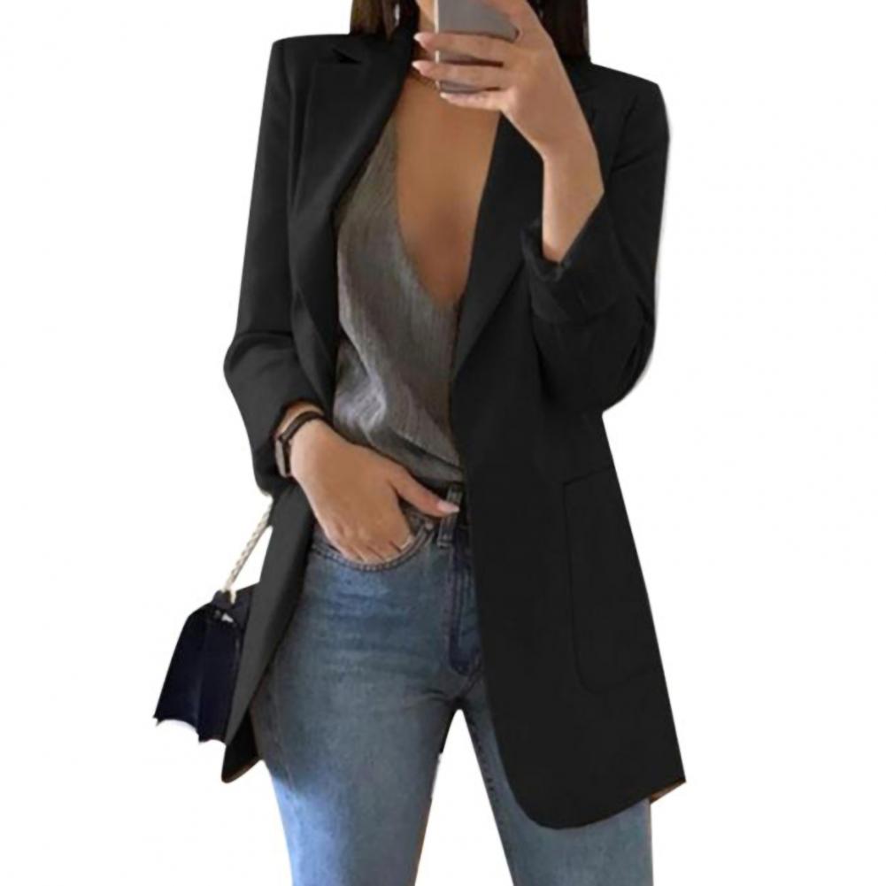 Summer Women Jacket Lapel All match Open Front Stylish Office Lady Slim Suit Overcoat Solid Color Long Blazer