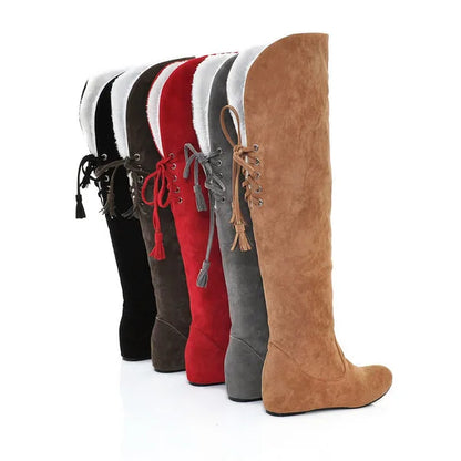 Women Knee high Boots Autumn Winter Lace Up Flat Shoes Sexy Steampunk PU Retro Buckle women shoes Ladies Snow Boots yui8